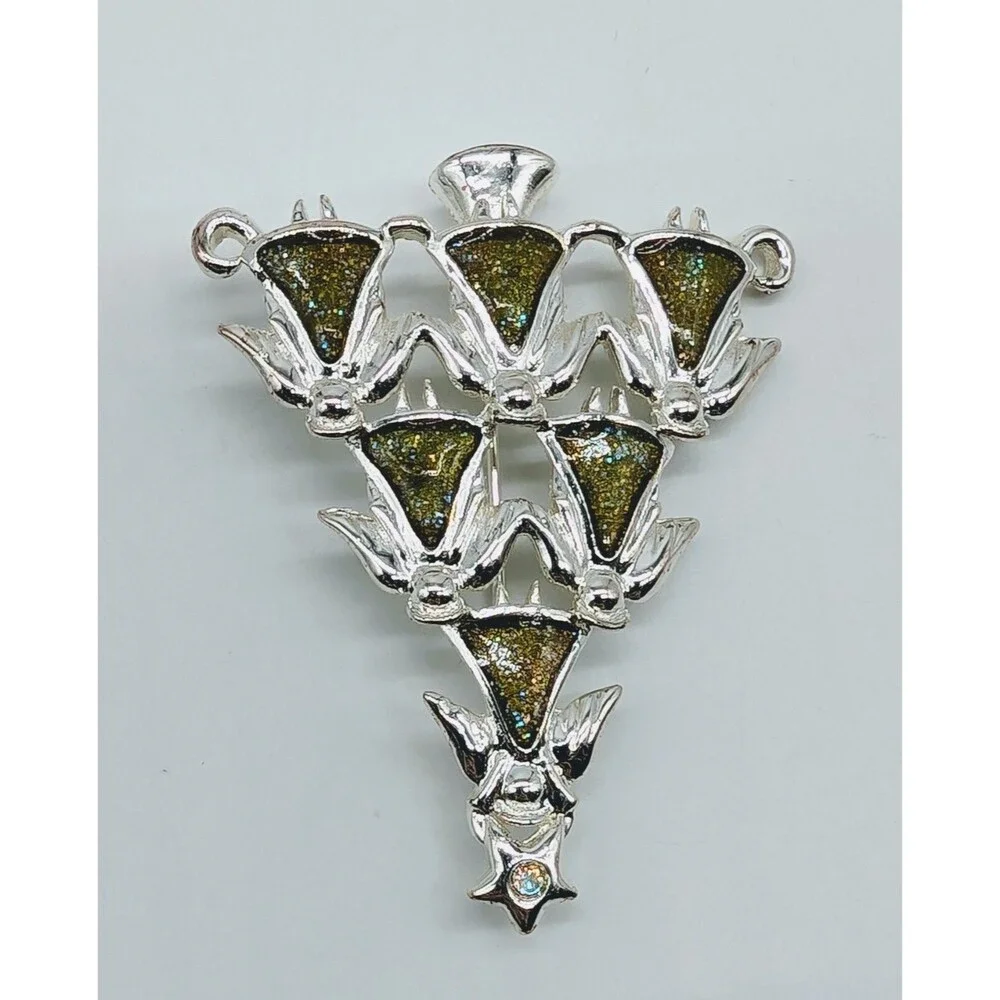 Silver Tone Enamel Christmas Tree Brooch Pin Angels
